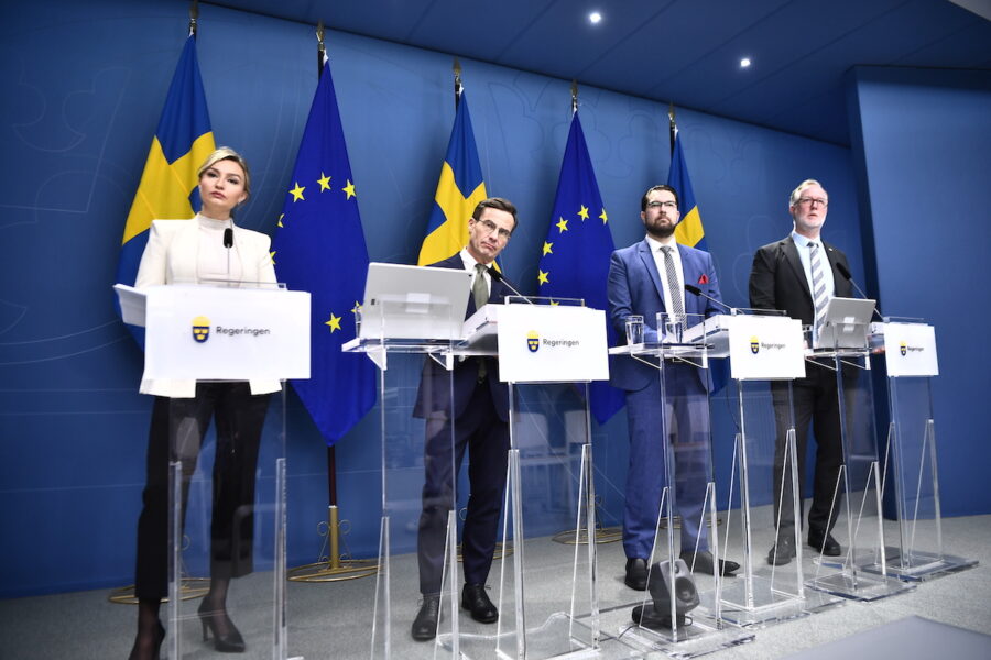 Partiledarna för Tidöpartierna, energi- och näringsminister Ebba Busch (KD), statsminister Ulf Kristersson (M), arbetsmarknads- och integrationsminister Johan Pehrson (L) samt Sverigedemokraternas partiledare Jimmie Åkesson (SD).