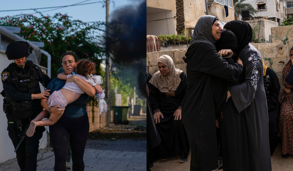 En kvinna och hennes barn evakueras i lördags från en plats där en raket från Gaza har slagit ner i Ashkelon i södra Israel, tv.