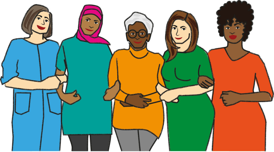 En tecknad bild med fem kvinnor för Kvinnor krokar arm