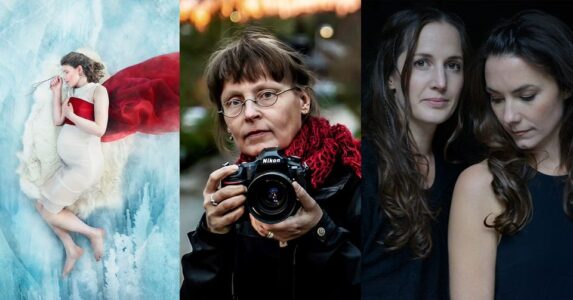 målning, kvinna med kameran och foto av två kvinnor