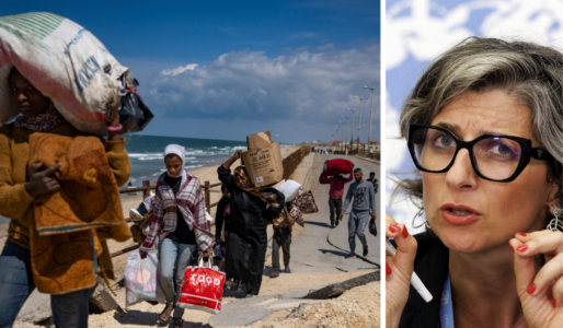 Människor bär på förnödenheter i flykt mot södra Gaza.