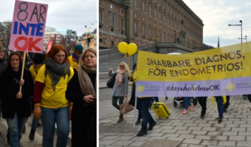 Demonstranter bär plakat och en gul banderoll.