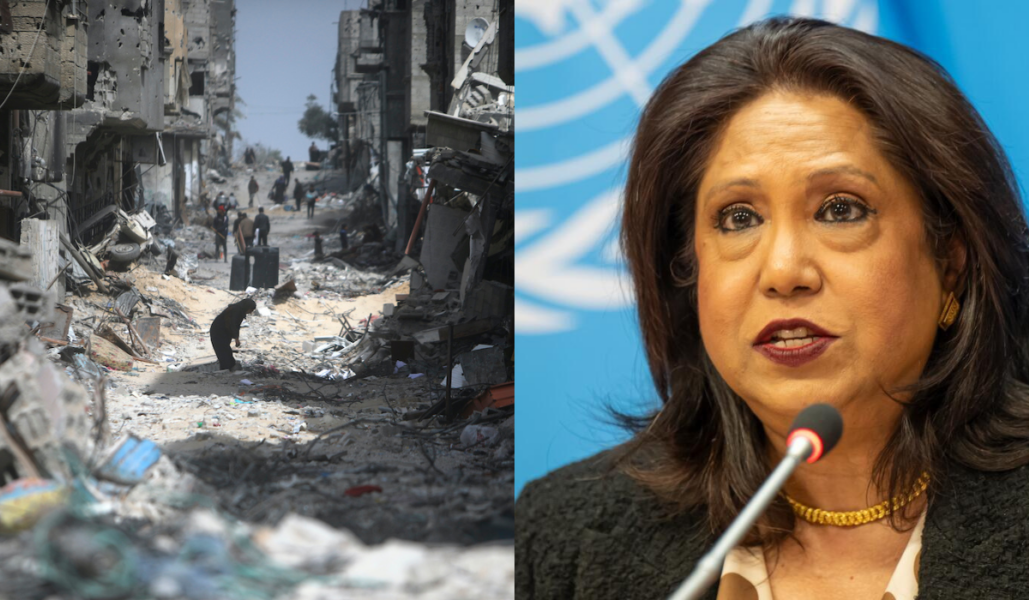 Förödelse i ett sönderbombat kvarter i Gaza och porträtt på Pramila Patten, FN:s särskilda representant för frågor om sexuellt våld
