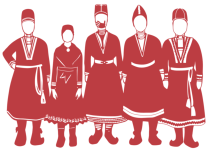En illustration med fem samiska kvinnor tecknade i rött. En av dem har en hand över munnen.