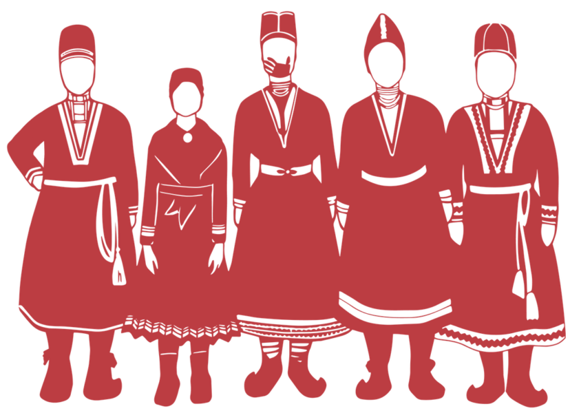 En illustration med fem samiska kvinnor tecknade i rött. En av dem har en hand över munnen.