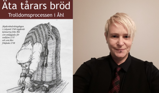 Illustration av kvinna som anklagades för att vara häxa på bokomslag. Bredvid ett porträtt på Ann-Sofie Lönngren