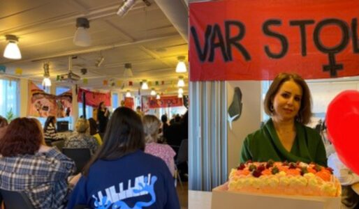 Man ser ryggarna på kvinnor som sitter ner och bredvid bild på konditor och tårta