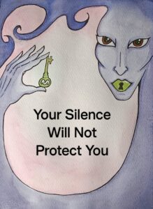 Illustration med ett ansikte där munnen är låst och en hand med en nyckel