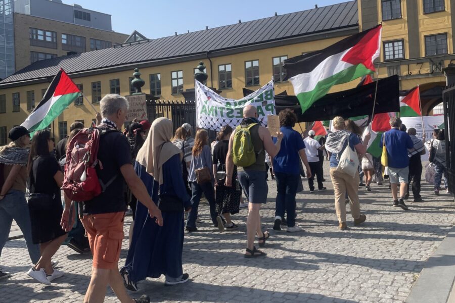 Demonstranter och palestinaflaggor