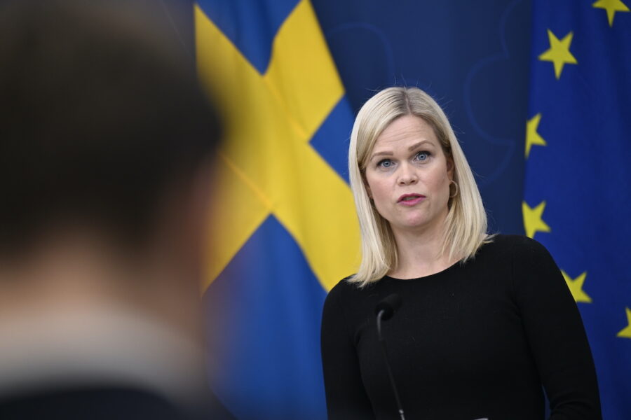 Paulina Brandberg framför Sverigeflaggan och EU-flaggan