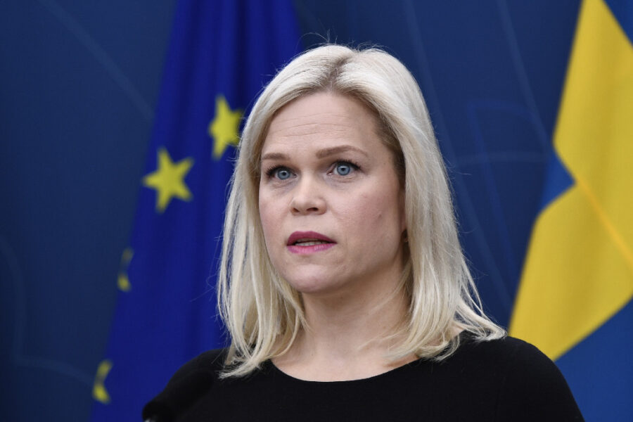 Paulina Brandberg, EU-flagga och svenska flagga i bakgrunden.