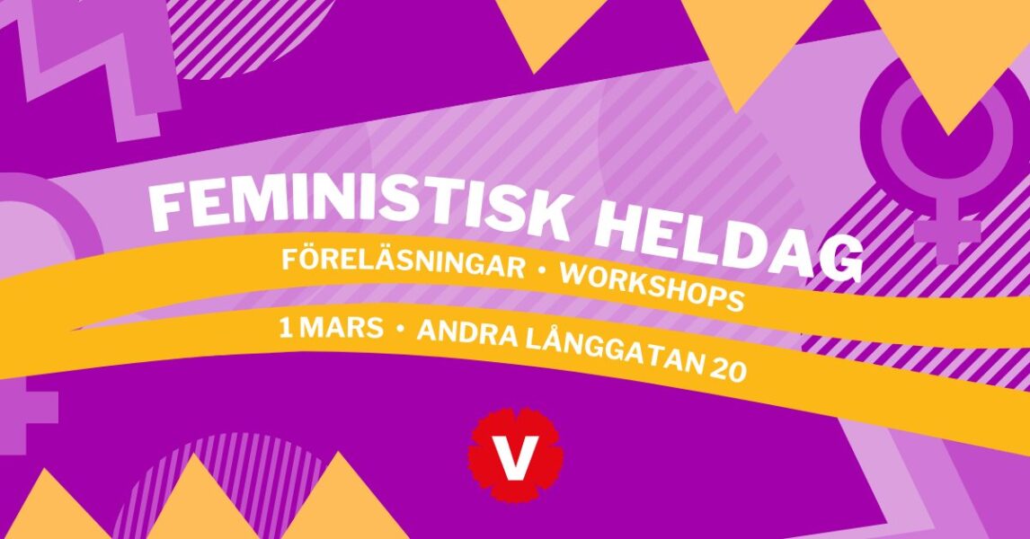 Lila och gul text för feministisk heldag.