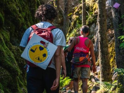 Folk vandrar i skogen.