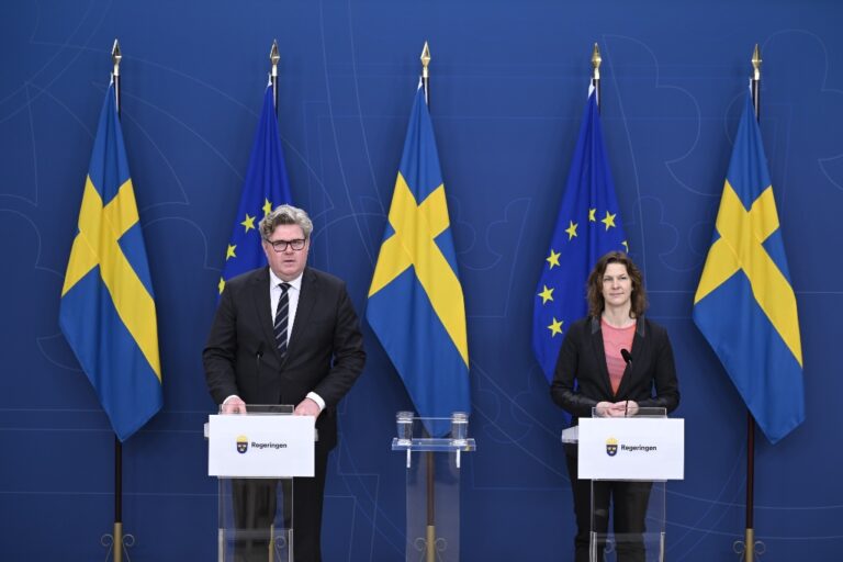 Gunnar Strömmer (M), och Nina Larsson (L) framför två svenska och två EU-flaggor.