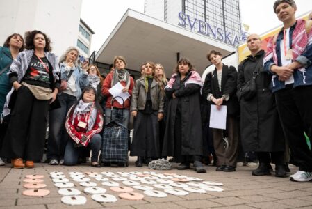 Protest till stöd för dödade journalister i Gaza.