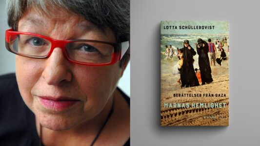 Lotta Schüllerqvist och bokomslag till Marnas hemlighet.