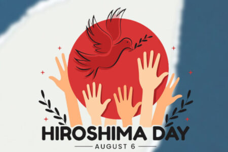 Händer sträcker sig upp mot fredsduva i rött.