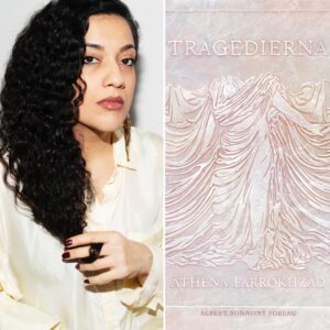 Athena Farrokhzad med bokomslag till Tragedierna till höger.