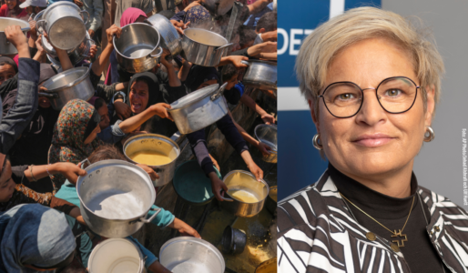 Människor kämpar desperat i Gaza för att få mat (till vänster) och Vårdförbundets ordförande Sineva Ribeiro.