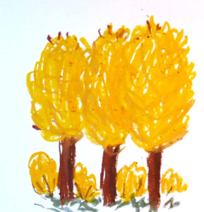 Tecknade gula träd och buskar.