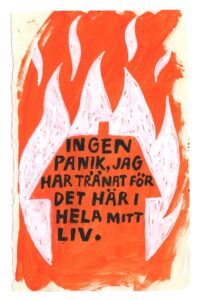Orangea och vita lågor slår upp från ett hus, tecknad stil.