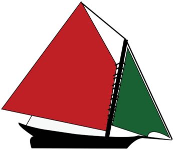 Tecknad segelbåt med rött och grön segel, skrov i svart, på vit bakgrund.