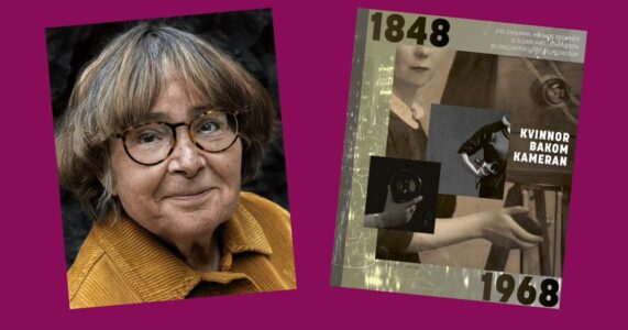 Eva Dahlman till vänster och omslag till hennes bok Kvinnor bakom kameran till höger.