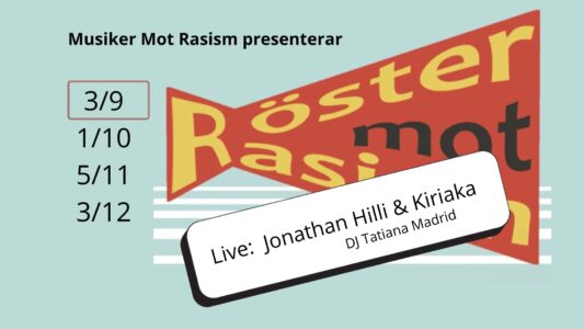 Möster mot rasism i stiliserad röd megafon.