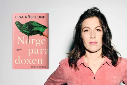 Lisa Röstlund till höger och till vänster en mindre bild på hennes nya bok.