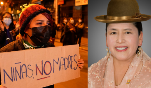 Kvinna håller i plakat, till höger senator Virginia Velasco Condori i hatt.