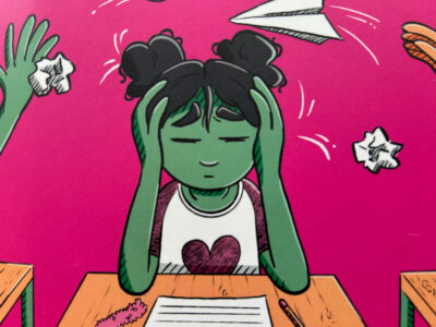 Animerad person håller händerna för huvudet.