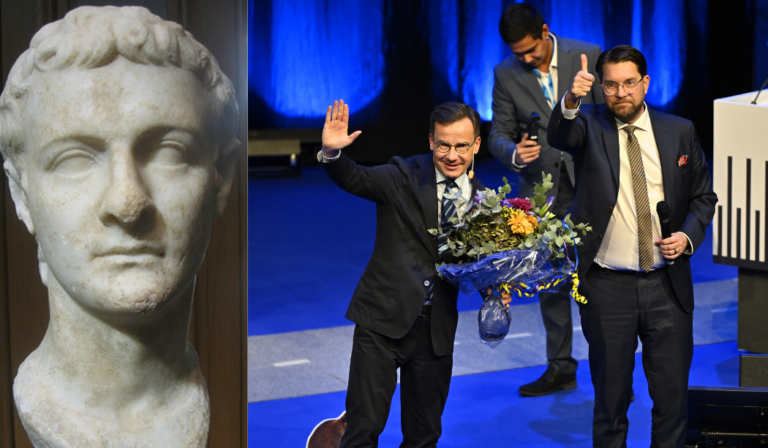 Byst av kejsaren Caligula (tv) och Ulf Kristersson med blommor i handen, bredvid Jimmie Åkesson (th).