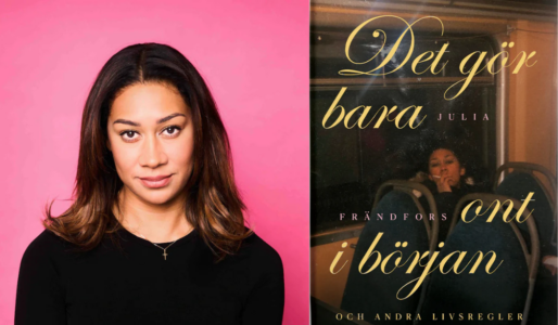 Julia Frändfors (tv) och bokomslag till Det gör bara ont i början.