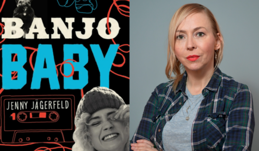 Omslag till boken Banjo baby (till vänster) och porträtt på Jenny Jägerfeld (till höger).