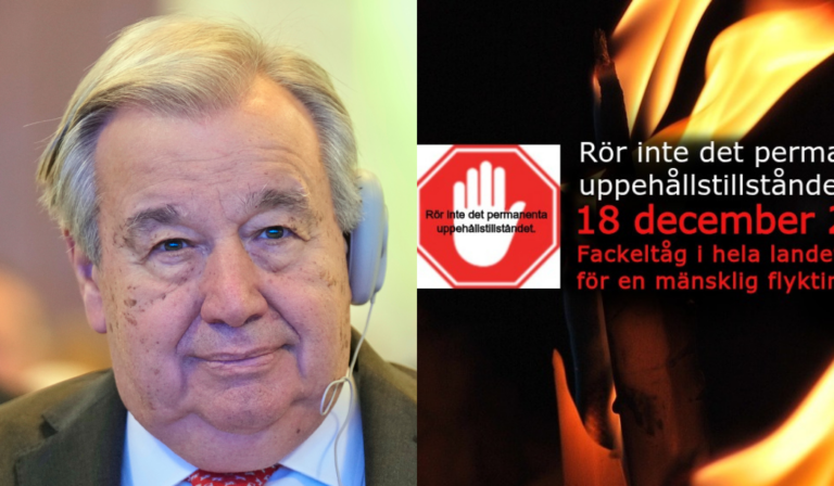 Antonio Guterres, och en hand som säger stopp mot att återkalla permanenta uppehållstillstånd.