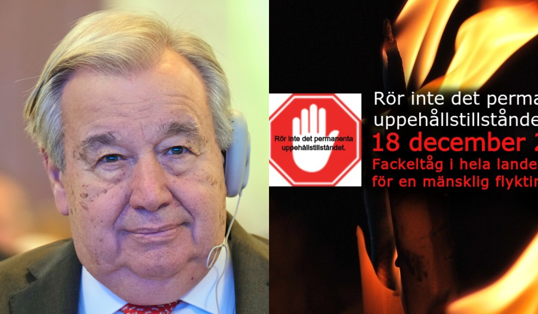 Antonio Guterres, och en hand som säger stopp mot att återkalla permanenta uppehållstillstånd.