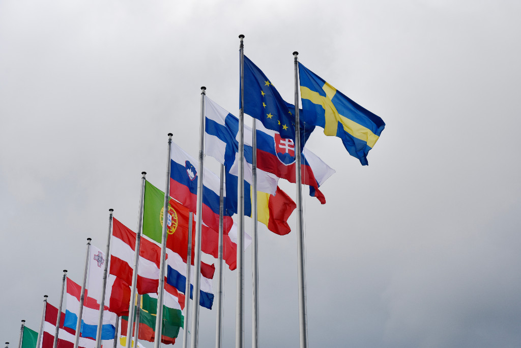 EU-länders flaggor med EU-flaggan och den svenska flaggan i förgrunden.